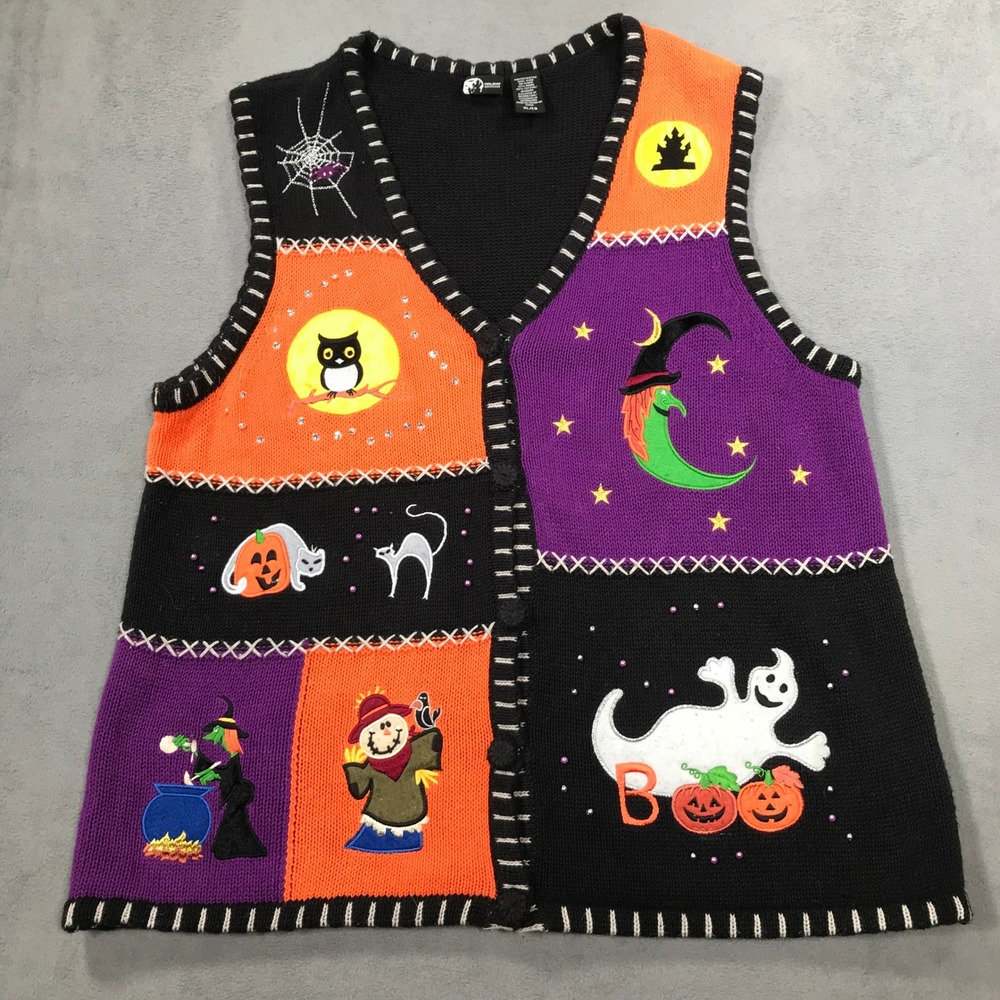 Vintage Holiday Editions Halloween Sweater Vest Womens XL Knit Beaded V-Neck